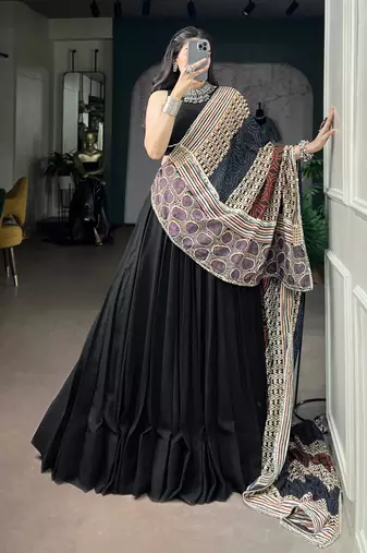 Women's Rayon free size Lehenga Choli with Printed Cotton Dupatta & Mirror Work Lace