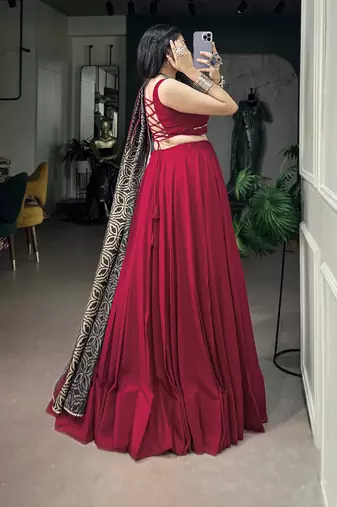 Women's Festive Rayon free size  Lehenga Choli with Printed Cotton Dupatta & Mirror Work Lace