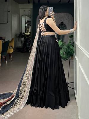 Women's Rayon free size Lehenga Choli with Printed Cotton Dupatta & Mirror Work Lace 2