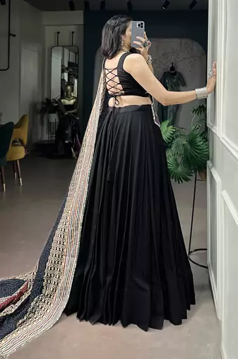 Women's Rayon free size Lehenga Choli with Printed Cotton Dupatta & Mirror Work Lace