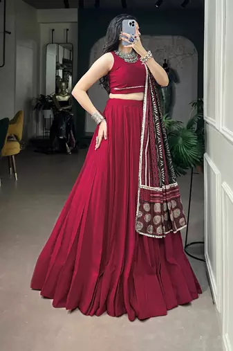 Women's Festive Rayon free size  Lehenga Choli with Printed Cotton Dupatta & Mirror Work Lace