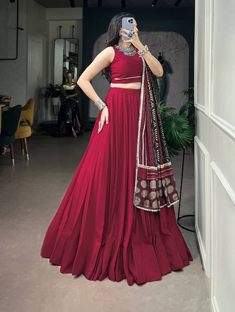 Women's Festive Rayon free size  Lehenga Choli with Printed Cotton Dupatta & Mirror Work Lace