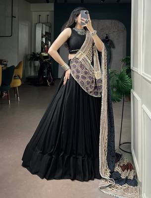 Women's Rayon free size Lehenga Choli with Printed Cotton Dupatta & Mirror Work Lace 3