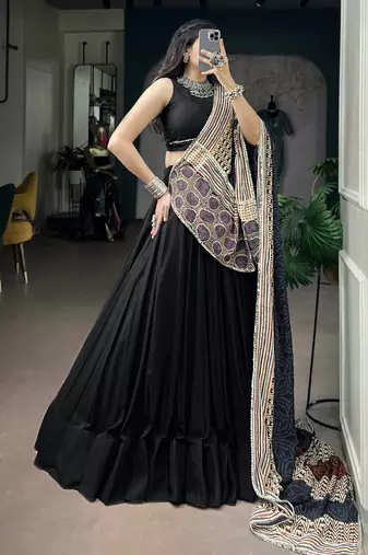 Women's Rayon free size Lehenga Choli with Printed Cotton Dupatta & Mirror Work Lace