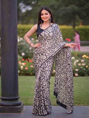 Women's luxury printed satin saree with unstitched banglory silk blend blouse piece 1
