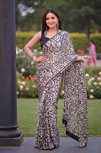 Women's luxury printed satin saree with unstitched banglory silk blend blouse piece