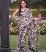 Women's luxury printed satin saree with unstitched banglory silk blend blouse piece