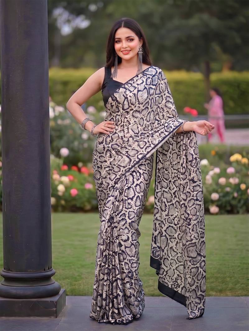 Women's luxury printed satin saree with unstitched banglory silk blend blouse piece