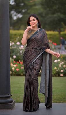 Women's luxury printed satin saree with unstitched banglory silk blend blouse piece 1