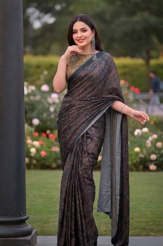 Women's luxury printed satin saree with unstitched banglory silk blend blouse piece