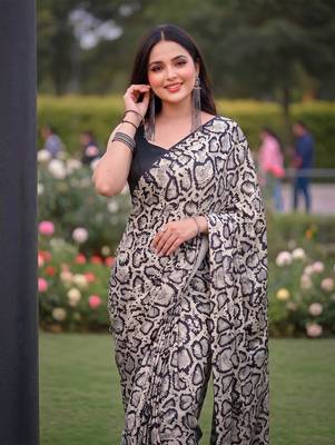 Women's luxury printed satin saree with unstitched banglory silk blend blouse piece 2
