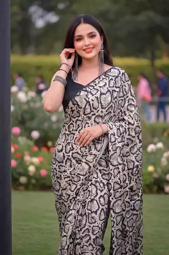 Women's luxury printed satin saree with unstitched banglory silk blend blouse piece