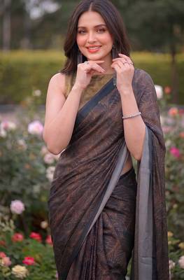 Women's luxury printed satin saree with unstitched banglory silk blend blouse piece 2