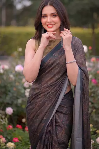 Women's luxury printed satin saree with unstitched banglory silk blend blouse piece
