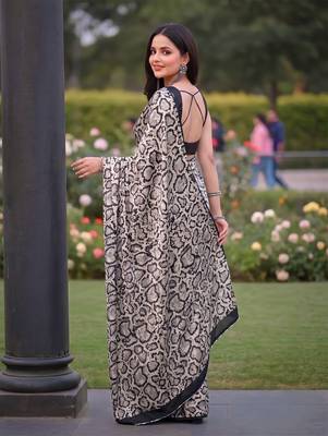 Women's luxury printed satin saree with unstitched banglory silk blend blouse piece 3