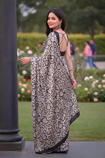 Women's luxury printed satin saree with unstitched banglory silk blend blouse piece