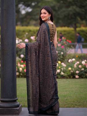 Women's luxury printed satin saree with unstitched banglory silk blend blouse piece 3