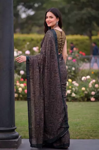 Women's luxury printed satin saree with unstitched banglory silk blend blouse piece