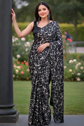 Women's luxury printed satin saree with unstitched banglory silk blend blouse piece