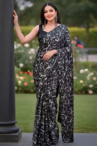 Women's luxury printed satin saree with unstitched banglory silk blend blouse piece