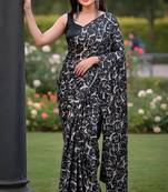 Women's luxury printed satin saree with unstitched banglory silk blend blouse piece