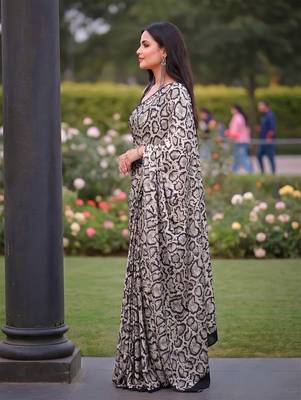 Women's luxury printed satin saree with unstitched banglory silk blend blouse piece 4