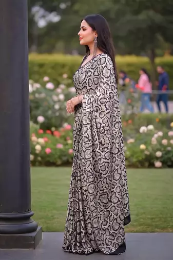 Women's luxury printed satin saree with unstitched banglory silk blend blouse piece
