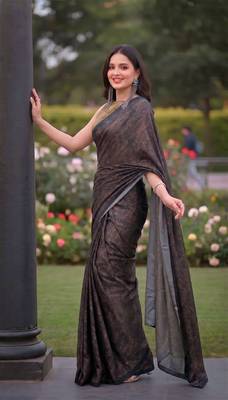 Women's luxury printed satin saree with unstitched banglory silk blend blouse piece 4
