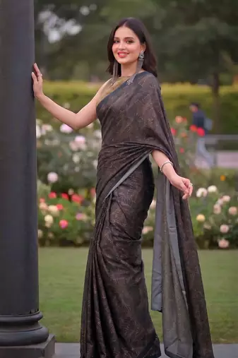 Women's luxury printed satin saree with unstitched banglory silk blend blouse piece