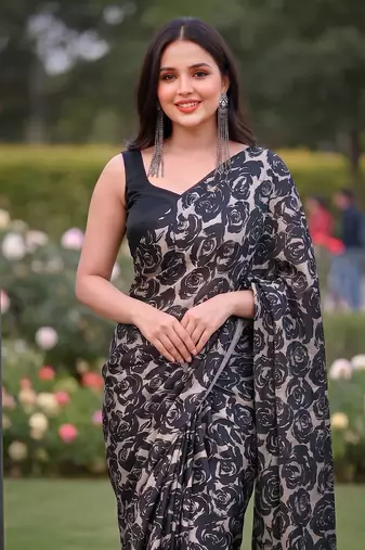 Women's luxury printed satin saree with unstitched banglory silk blend blouse piece