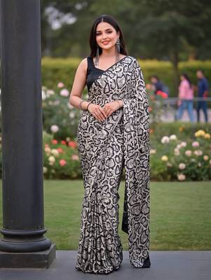 Women's luxury printed satin saree with unstitched banglory silk blend blouse piece 5