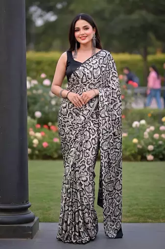 Women's luxury printed satin saree with unstitched banglory silk blend blouse piece