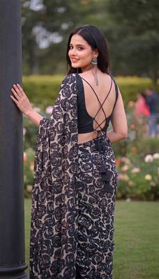Women's luxury printed satin saree with unstitched banglory silk blend blouse piece 3