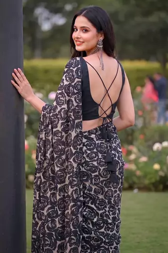 Women's luxury printed satin saree with unstitched banglory silk blend blouse piece