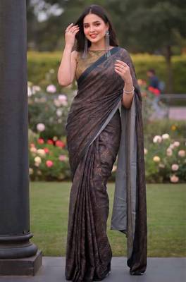 Women's luxury printed satin saree with unstitched banglory silk blend blouse piece 5