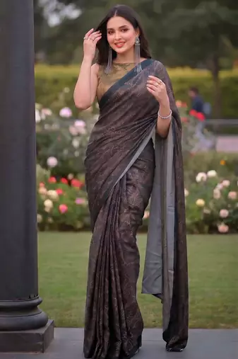 Women's luxury printed satin saree with unstitched banglory silk blend blouse piece