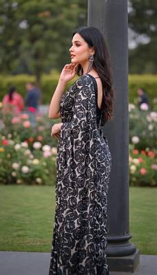Women's luxury printed satin saree with unstitched banglory silk blend blouse piece 4