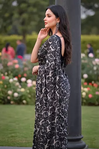 Women's luxury printed satin saree with unstitched banglory silk blend blouse piece