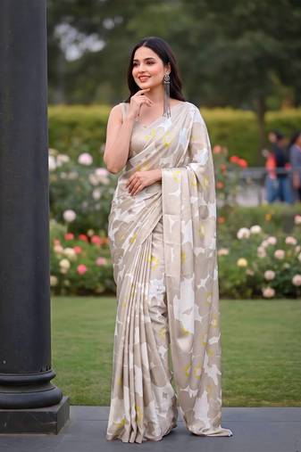 Women's luxury printed satin saree with unstitched banglory silk blend blouse piece