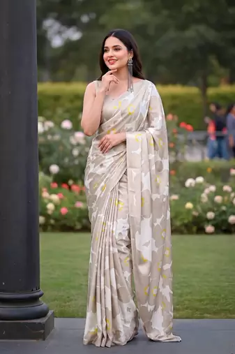 Women's luxury printed satin saree with unstitched banglory silk blend blouse piece