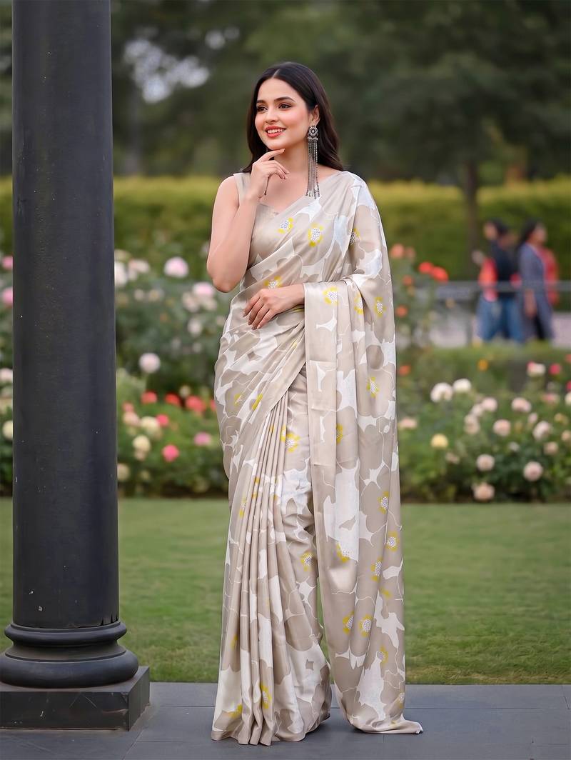 Women's luxury printed satin saree with unstitched banglory silk blend blouse piece