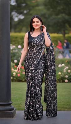 Women's luxury printed satin saree with unstitched banglory silk blend blouse piece 5