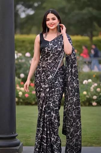 Women's luxury printed satin saree with unstitched banglory silk blend blouse piece