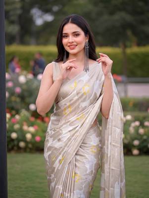 Women's luxury printed satin saree with unstitched banglory silk blend blouse piece 2