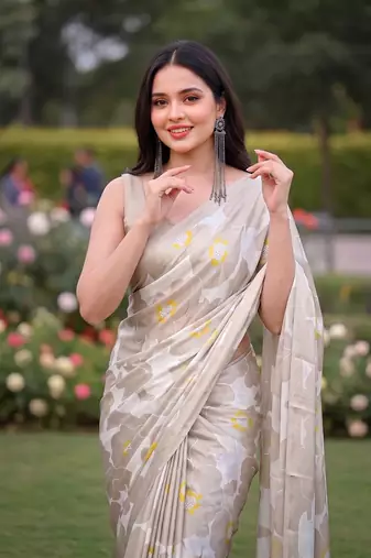 Women's luxury printed satin saree with unstitched banglory silk blend blouse piece