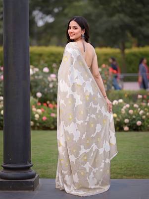 Women's luxury printed satin saree with unstitched banglory silk blend blouse piece 3