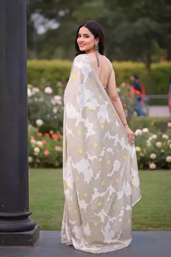 Women's luxury printed satin saree with unstitched banglory silk blend blouse piece