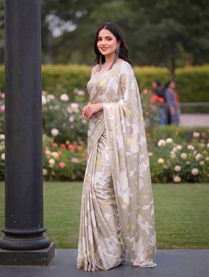 Women's luxury printed satin saree with unstitched banglory silk blend blouse piece 4