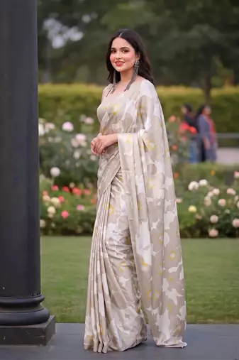Women's luxury printed satin saree with unstitched banglory silk blend blouse piece