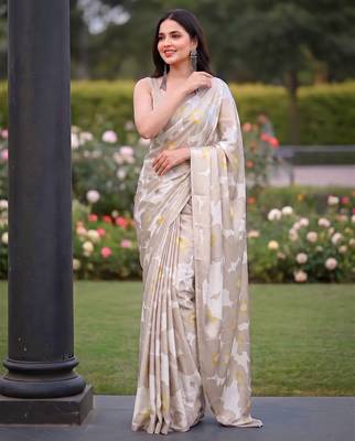 Women's luxury printed satin saree with unstitched banglory silk blend blouse piece 5